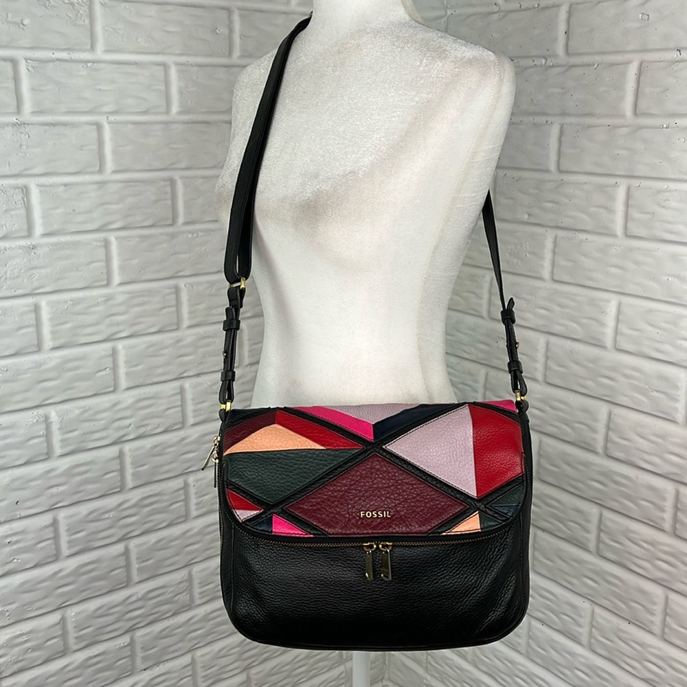 FOSSIL Preston Patchwork Expandable Cow Hide Leather Crossbody Shoulder Bag